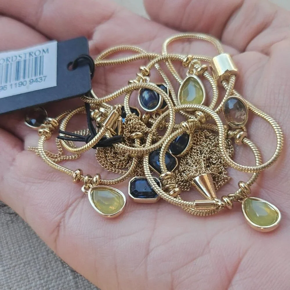 Nordstrom Women Necklace Gold Tone Blue and Yellow Tone Faux Stone Fashion New